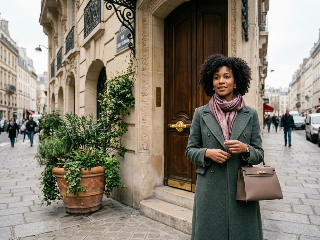 Femme devant un immeuble haussmannien facilitant l'accès au cabinet d'hypnose à Lyon 6.