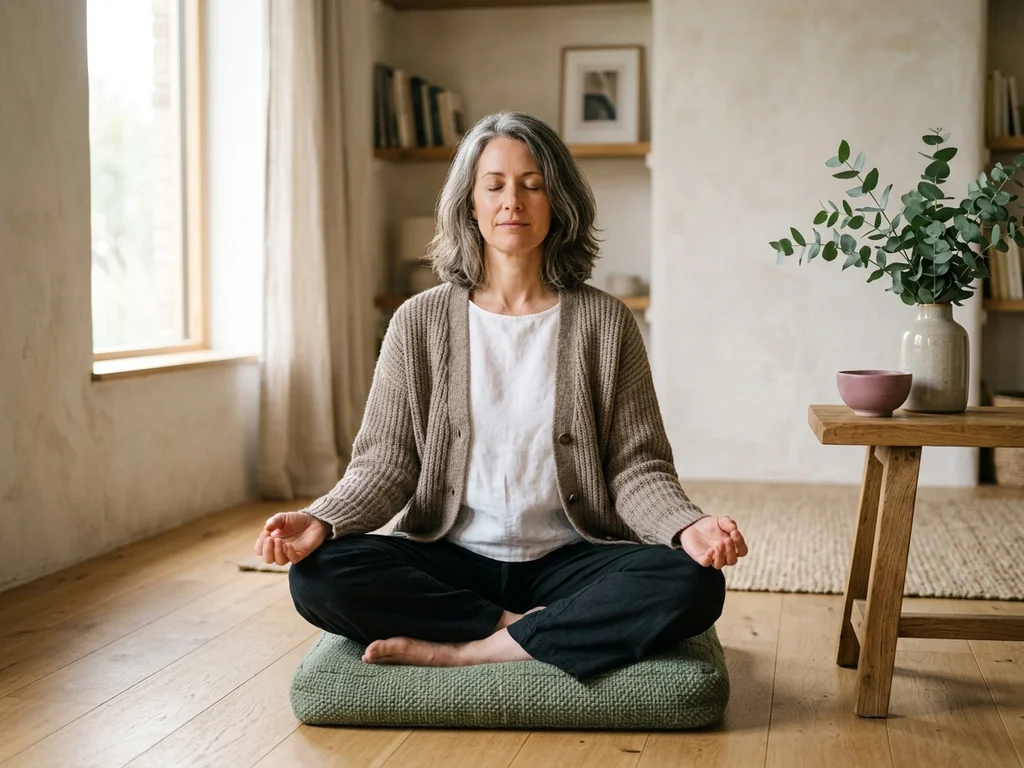 Femme pratiquant la méditation de pleine conscience pour une relaxation profonde en cabinet.